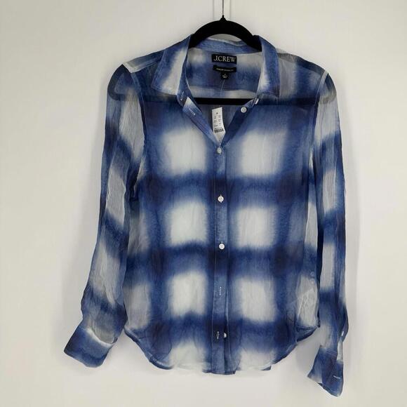 J.crew Top Women’s 6 blue cupro check plaid sheer summer festival beachy spring - Picture 2 of 7